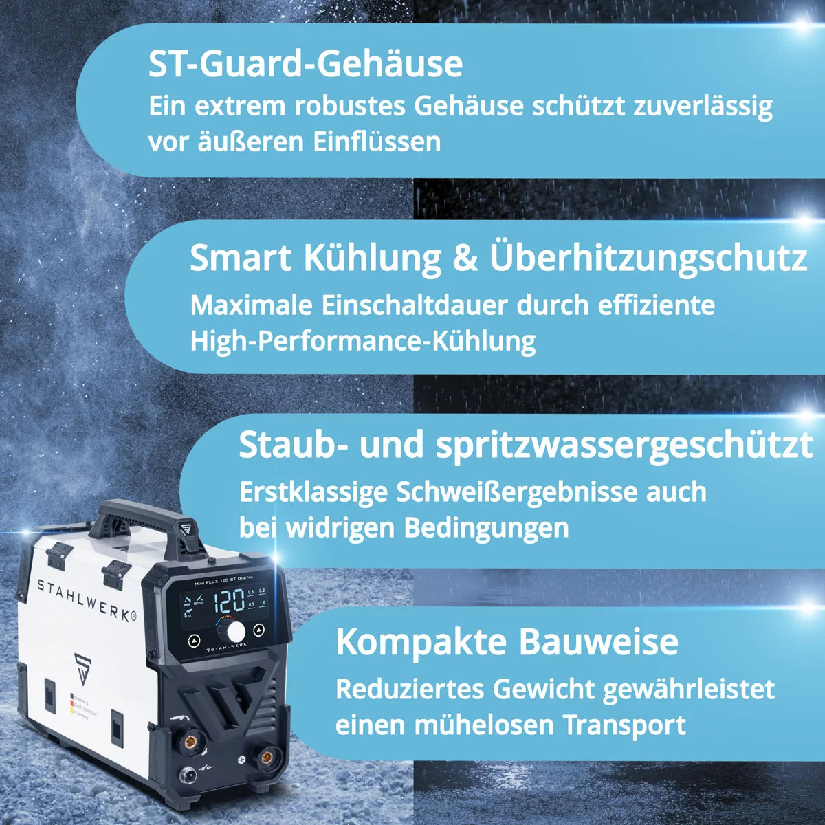 STAHLWERK Schweißgerät Mini FLUX 120 ST Digital mit 120 A Vollausstattung, synergischem Drahtvorschub, Lift-TIG und ARC/MMA Funktion zum Schweißen ohne Schutzgas
