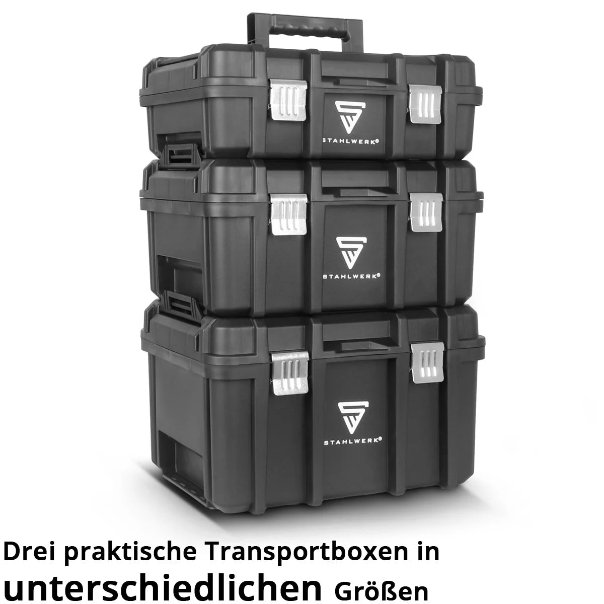 STAHLWERK Toolbox Set | Mobile tool trolley and organizer with telescopic handle | Flexible module system with assortment boxes | 3 stackable tool boxes | Tool boxes with small parts organizer