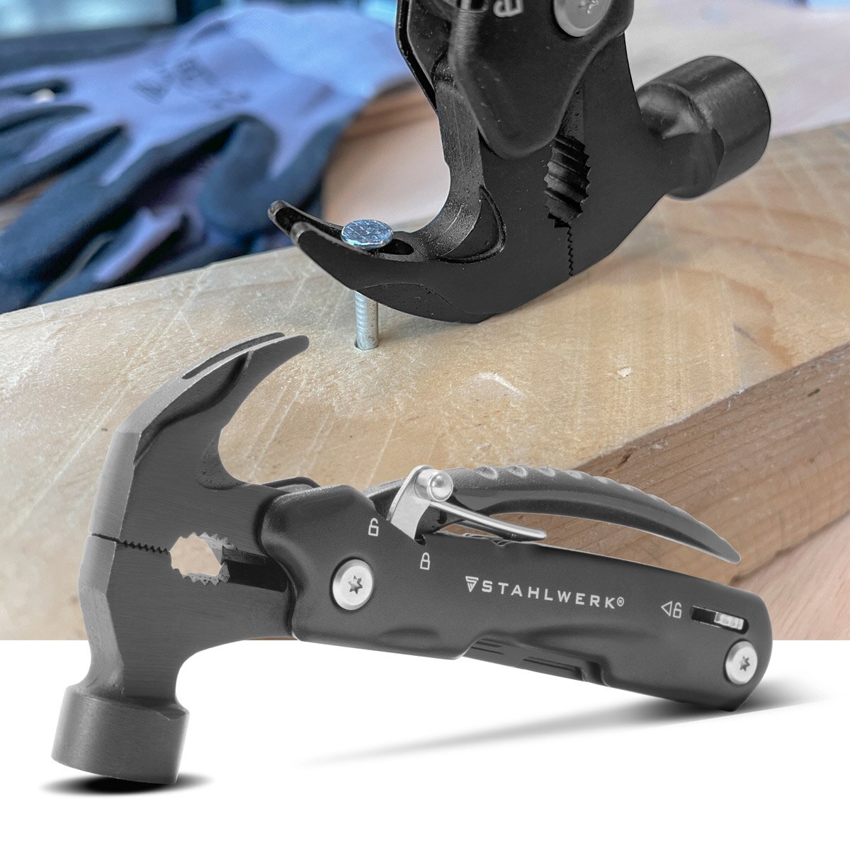 STAHLWERK Multitool mit 12 Werkzeugen, hochwertiges Taschenmesser / Klappmesser / Multifunktionswerkzeug mit Hammer, Messer, Säge, Feile, Kombizange, Schraubendreher etc. inklusive LED Taschenlampe