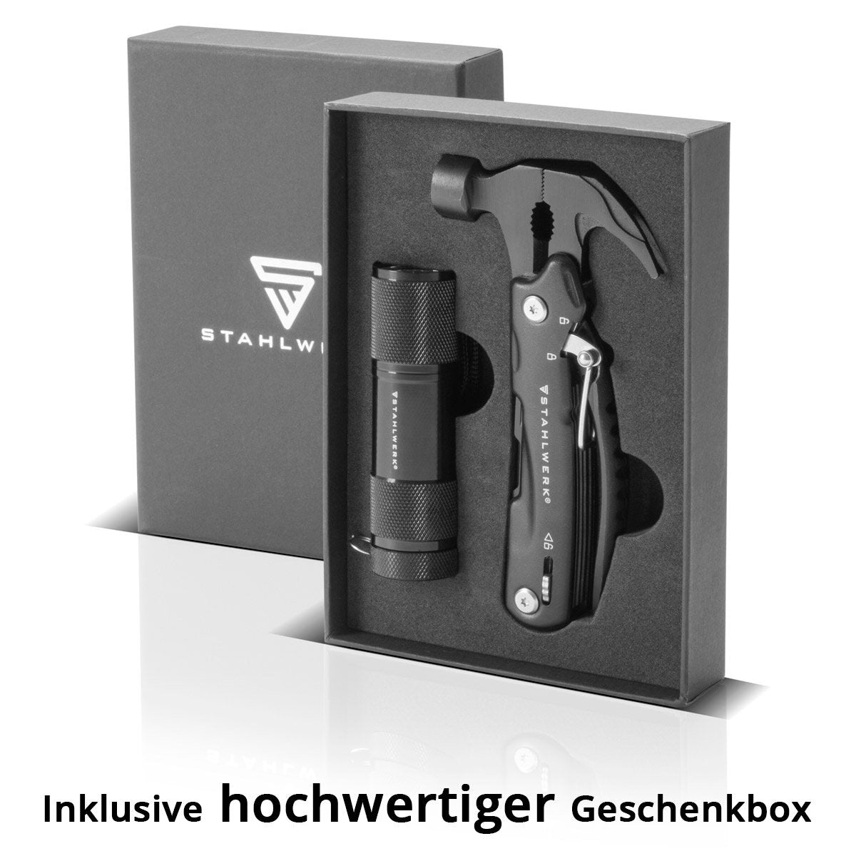 STAHLWERK Multitool mit 12 Werkzeugen, hochwertiges Taschenmesser / Klappmesser / Multifunktionswerkzeug mit Hammer, Messer, Säge, Feile, Kombizange, Schraubendreher etc. inklusive LED Taschenlampe