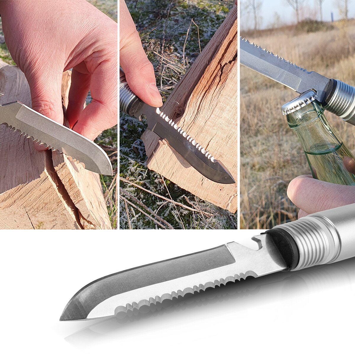 STAHLWERK Multitool / Multifunktionswerkzeug / Outdoor Survival Kit mit Klappspaten, Multifunktions-Messer, Säge, Notfallhammer und Signalpfeife mit Feuerstahl