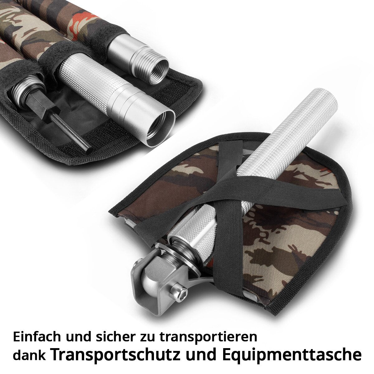 STAHLWERK Multitool / Multifunktionswerkzeug / Outdoor Survival Kit mit Klappspaten, Multifunktions-Messer, Säge, Notfallhammer und Signalpfeife mit Feuerstahl