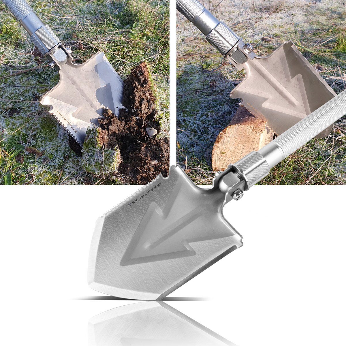STAHLWERK Multitool / Multifunktionswerkzeug / Outdoor Survival Kit mit Klappspaten, Multifunktions-Messer, Säge, Notfallhammer und Signalpfeife mit Feuerstahl