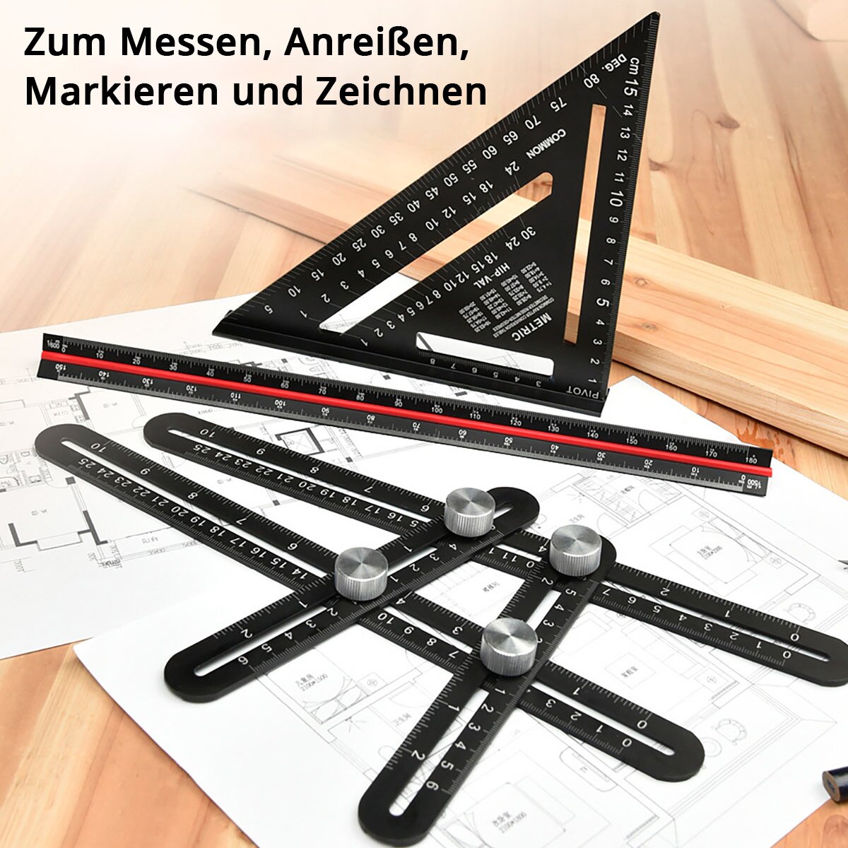 STAHLWERK Lineal Set mit Multiwinkel-Messlineal, Dreikant-Lineal und Winkeldreieck mit Anschlag zum präzisen Messen, Anreißen, Markieren und Zeichnen
