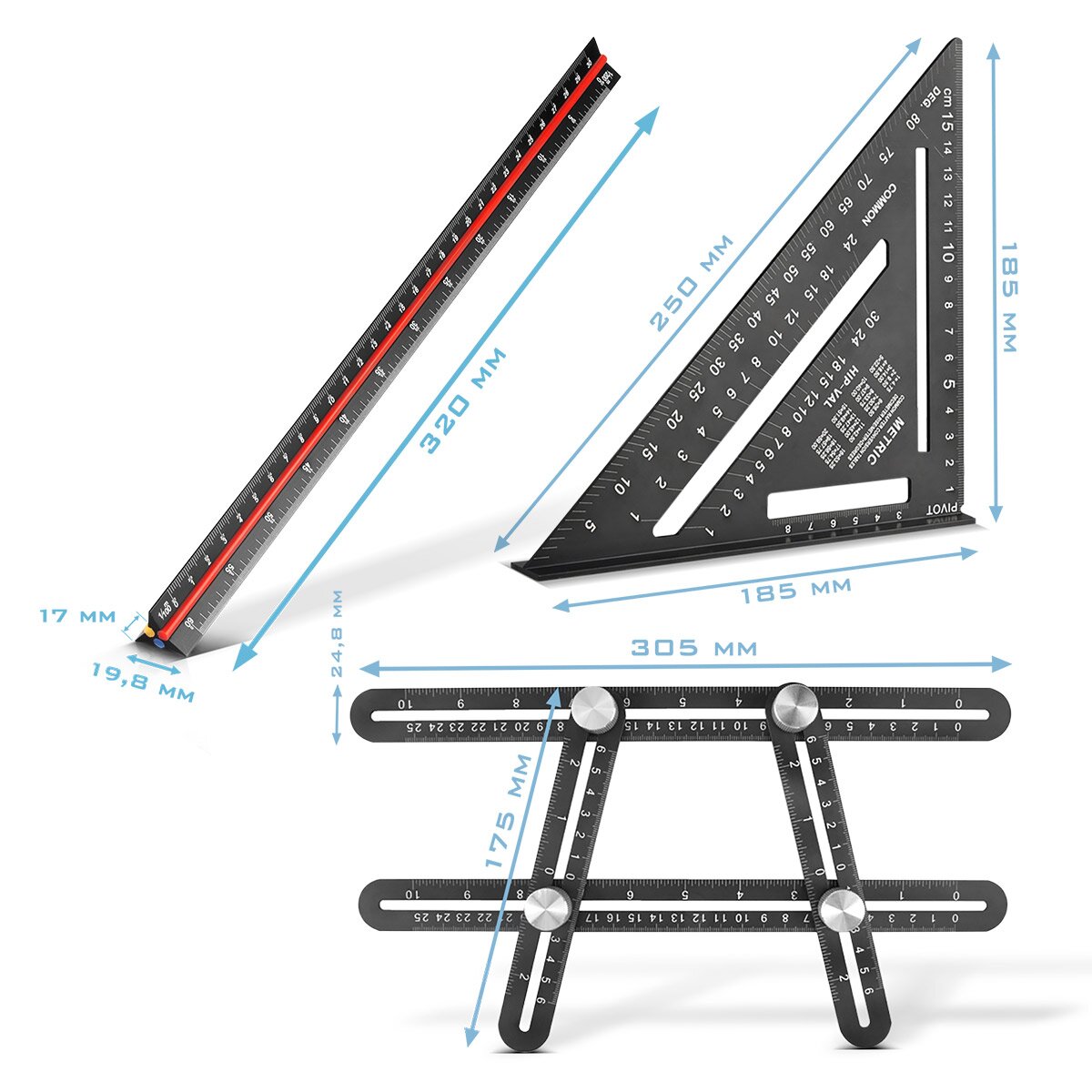 STAHLWERK ruler set with multi-angle measuring ruler, triangular ruler and angle triangle with stop for precise measuring, marking, marking and drawing