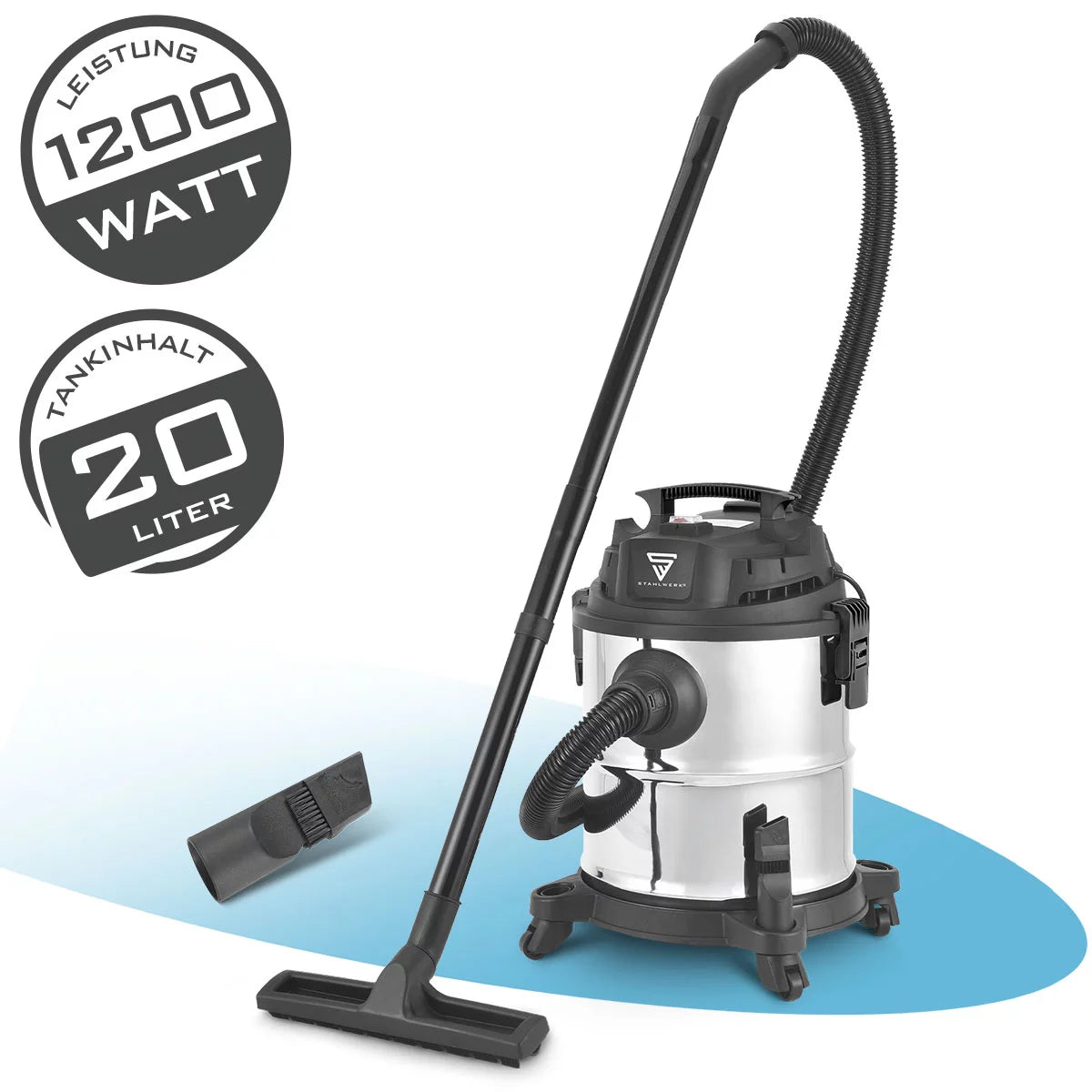 STAHLWERK Nass- und Trockensauger VCL-1200 ST | 1200 W Werkstattsauger mit 20 l Metallbehälter | Staubschüttel- und Ausblasfunktion | Kompakter Industriesauger für Werkstatt, Garage und Baustelle