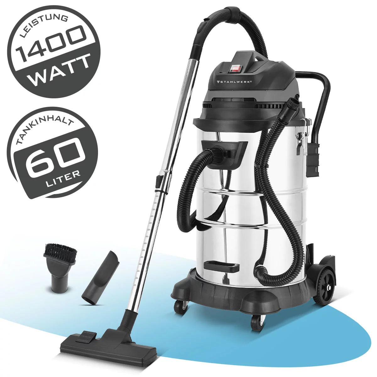 STAHLWERK Nass- und Trockensauger VCL-1400 ST | 1400 W Industriesauger mit 60 L Metallbehälter | Blas- und Staubrüttelfunktion, Sicherheitsabschaltung | Leistungsstarker Werkstattsauger mit Zubehör