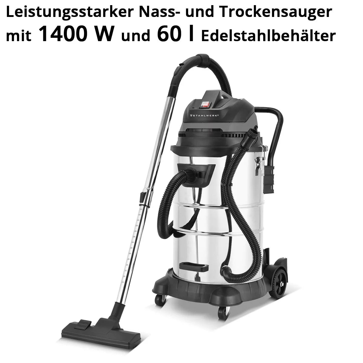 STAHLWERK Nass- und Trockensauger VCL-1400 ST | 1400 W Industriesauger mit 60 L Metallbehälter | Blas- und Staubrüttelfunktion, Sicherheitsabschaltung | Leistungsstarker Werkstattsauger mit Zubehör