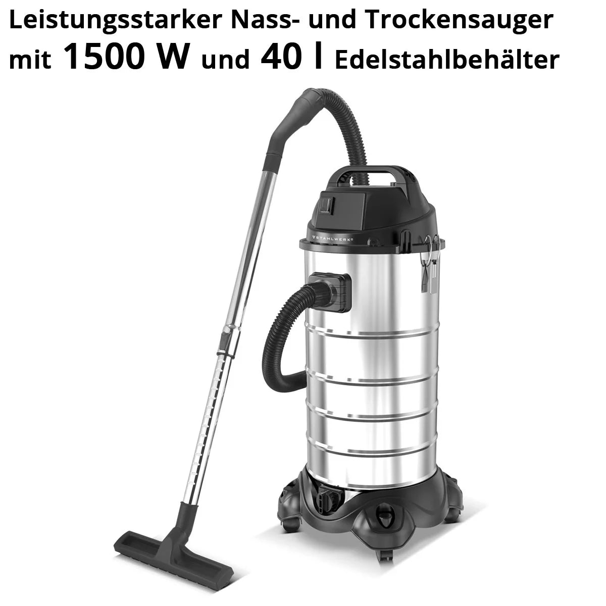 STAHLWERK Nass- und Trockensauger VCL-1500 ST | 1500 W Industriesauger mit 40 l Edelstahlbehälter | Blasfunktion und Sicherheitsabschaltung | Umfangreiches Zubehörpaket | Robuster Werkstattsauger