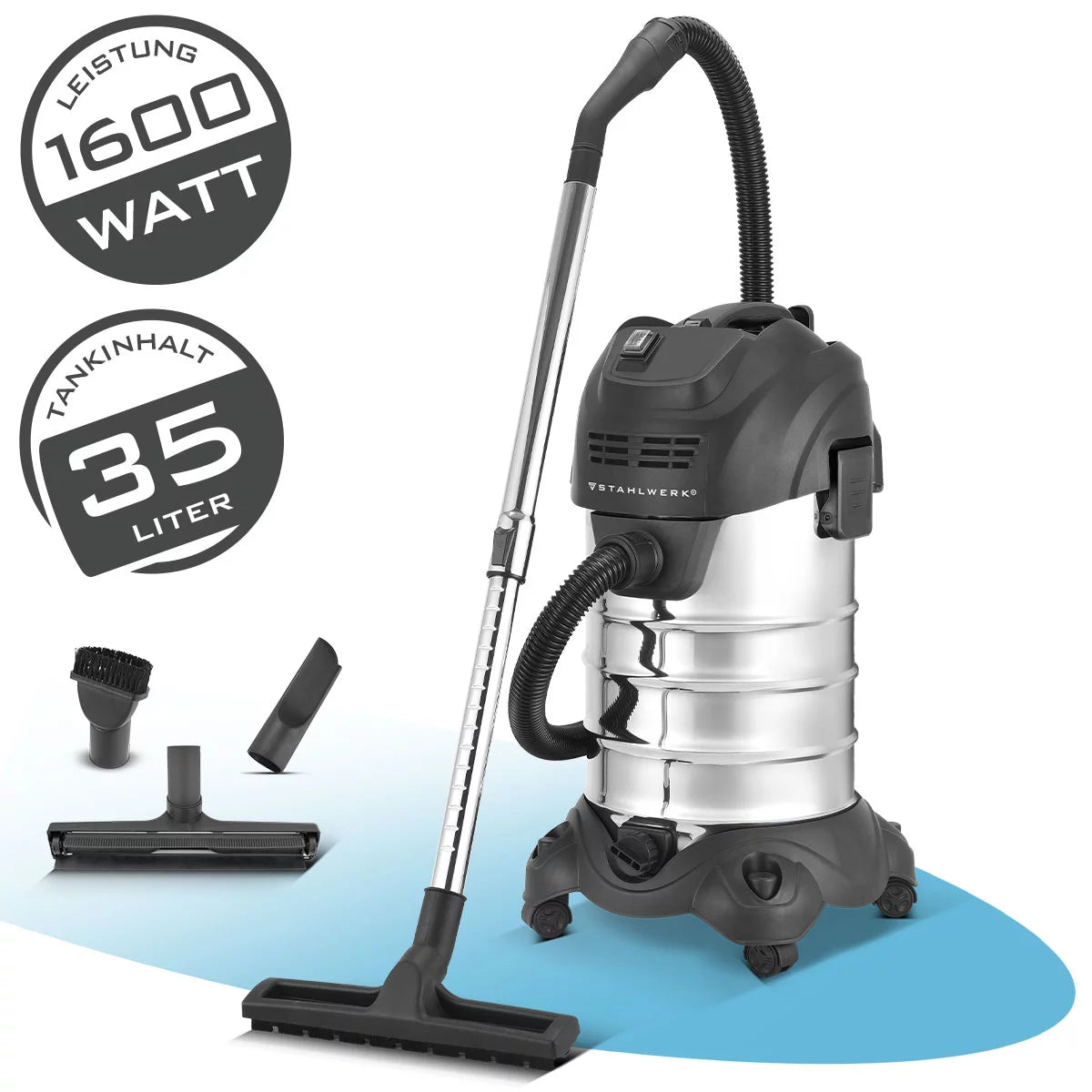 STAHLWERK Nass- und Trockensauger VCL-1600 ST | 1600 W Industriesauger mit 35 l Edelstahlbehälter | Sicherheitsabschaltung | Umfangreiches Zubehörpaket | Robuster Werkstattsauger