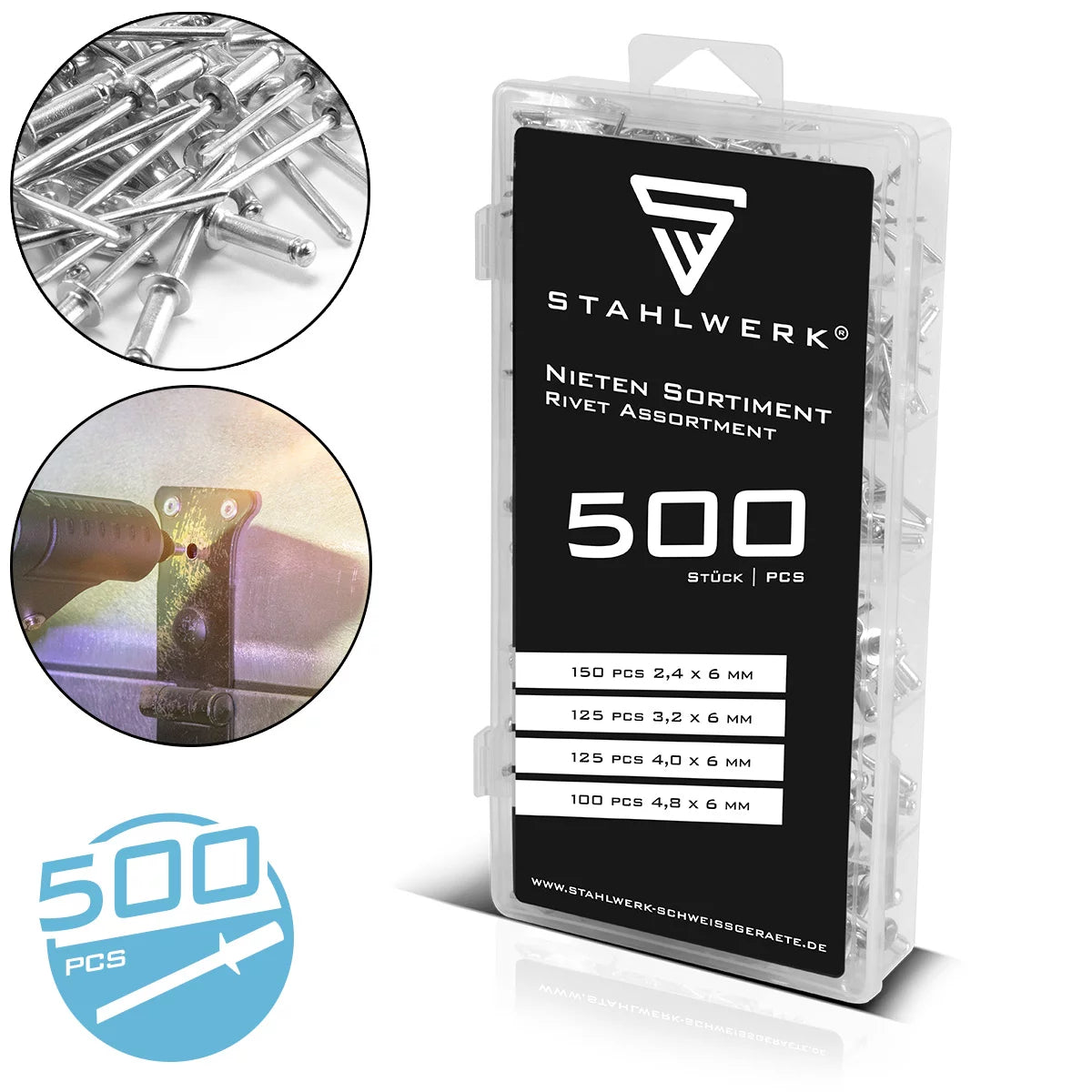 Assortiment de rivets STAHLWERK 500 pièces | Jeu de rivets aveugles dans une boîte en plastique pratique Rivets en aluminium en 4 tailles différentes | Rivets pop à utiliser avec une pince à rivets
