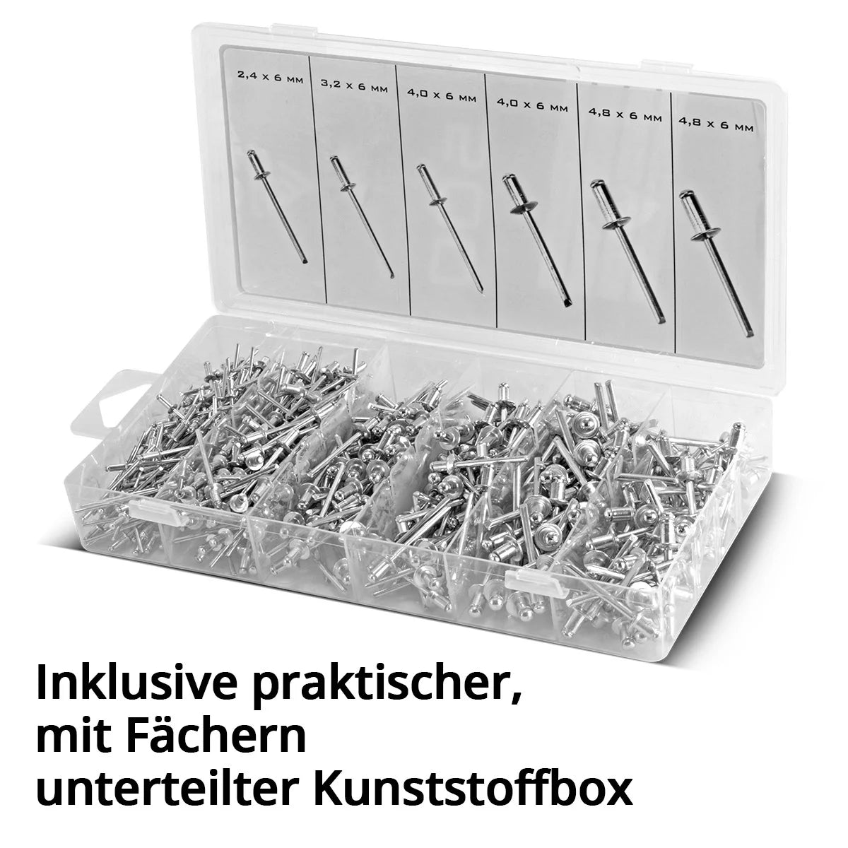 Assortiment de rivets STAHLWERK 500 pièces | Jeu de rivets aveugles dans une boîte en plastique pratique Rivets en aluminium en 4 tailles différentes | Rivets pop à utiliser avec une pince à rivets