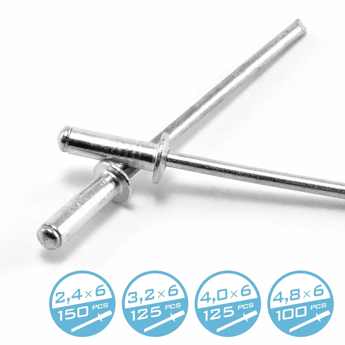 Assortiment de rivets STAHLWERK 500 pièces | Jeu de rivets aveugles dans une boîte en plastique pratique Rivets en aluminium en 4 tailles différentes | Rivets pop à utiliser avec une pince à rivets