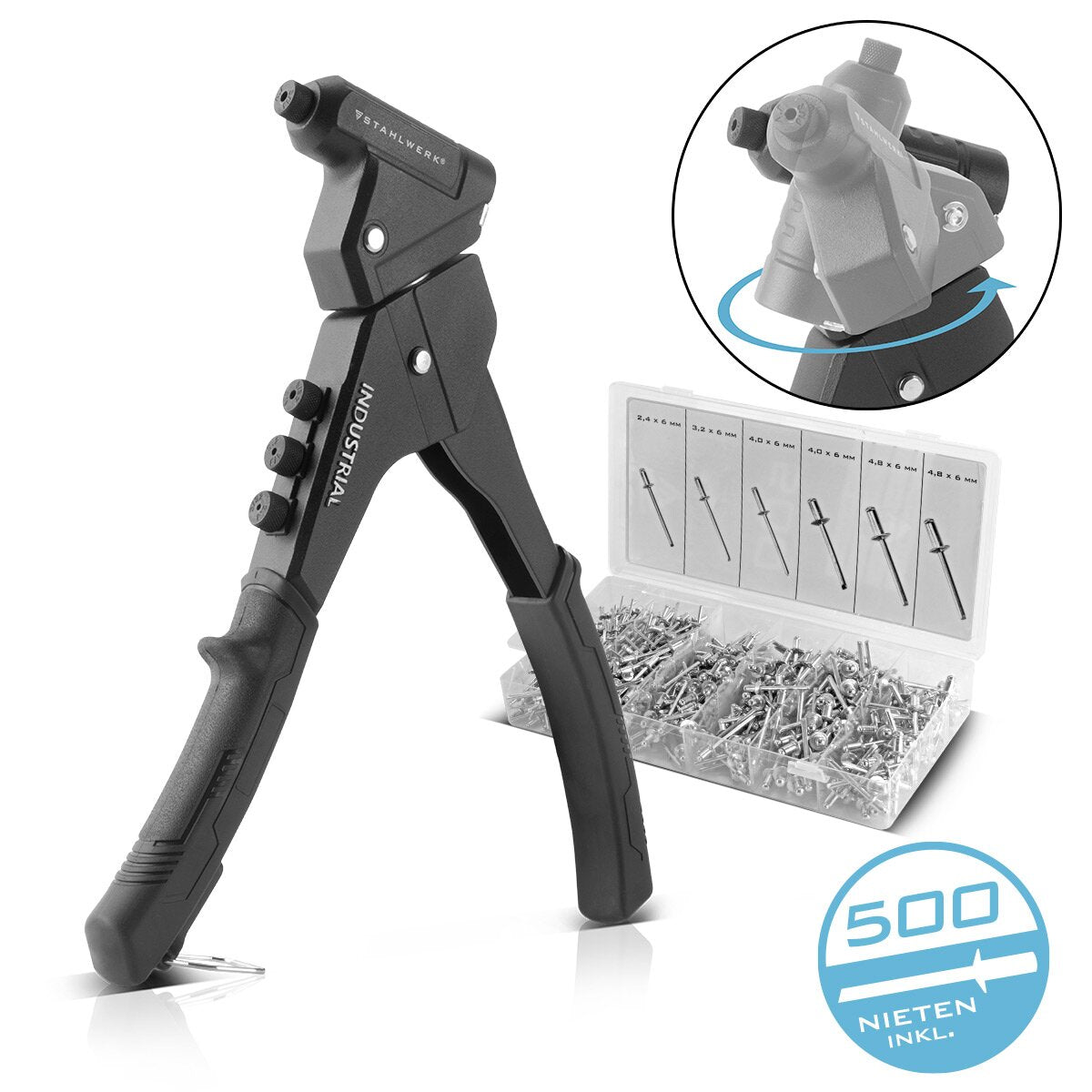 Stahlwerk Nietzangen-Set NZ-280 ST 360 ° Terbe aveugle | Paigne en diffamation | Fiche de popfiet | Tongs de noix de rivet | Pistolet rivet | Outil de rivet | Pinces à une main à une main avec 4 lieux alternatifs et 500 rivets aveugles