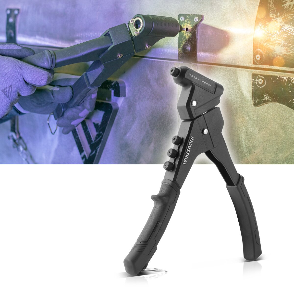 Stahlwerk Nietzangen-Set NZ-280 ST 360 ° Terbe aveugle | Paigne en diffamation | Fiche de popfiet | Tongs de noix de rivet | Pistolet rivet | Outil de rivet | Pinces à une main à une main avec 4 lieux alternatifs et 500 rivets aveugles