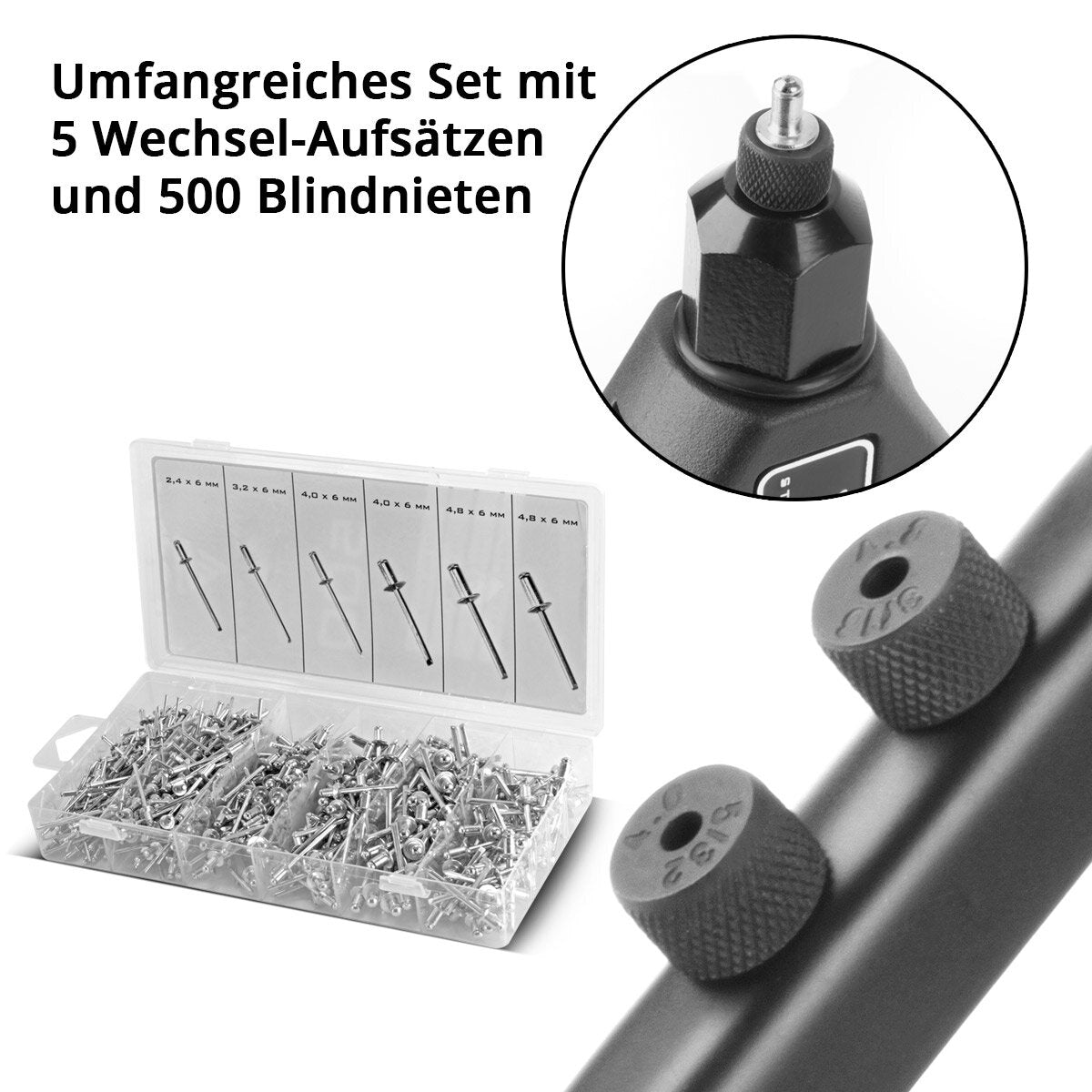 Jeu de pinces à rivets STAHLWERK HNZ-280 ST Pince à rivets aveugles | Pince à rivets à levier | Pince à rivets pop | Pince à écrous à rivets | Pistolet à rivets | Outil de rivetage | avec 5 attaches interchangeables et 500 rivets aveugles