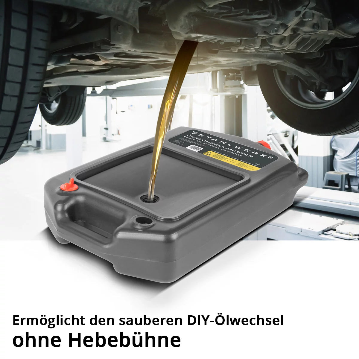 STAHLWERK oil change canister 10 L | Robust oil drip tray | Mobile and flexible to use | Oil pan with collecting aid | 2-in-1 function - oil and fuel canister for cars, motorcycles and workshops