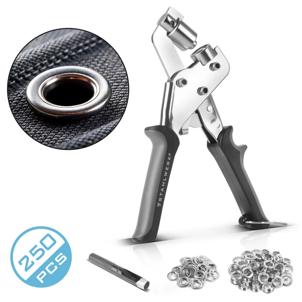 Jeu de pinces à œillets STAHLWERK 10 mm avec perforateur et 250 œillets pince à œillets professionnelle magnétique | Presse à œillets | Poinçon à œillets | Outil à œillets en acier trempé