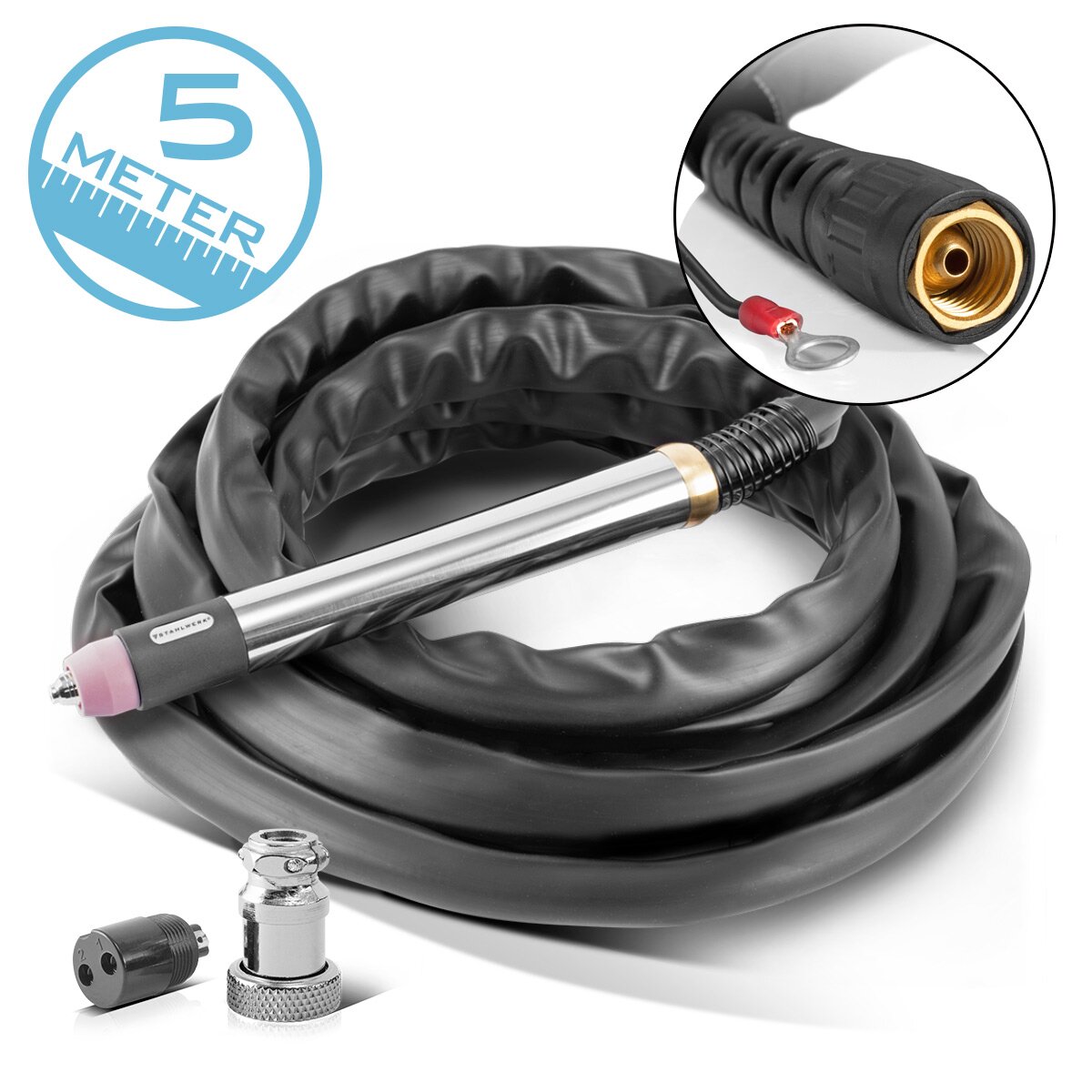 Graveur CNC STAHLWERK P60 | Torche à plasma | Torche coupante avec boîtier en acier inoxydable et tête en laiton de haute qualité pour découpeurs plasma avec allumage pilote, avec paquet de tuyaux de 5 m