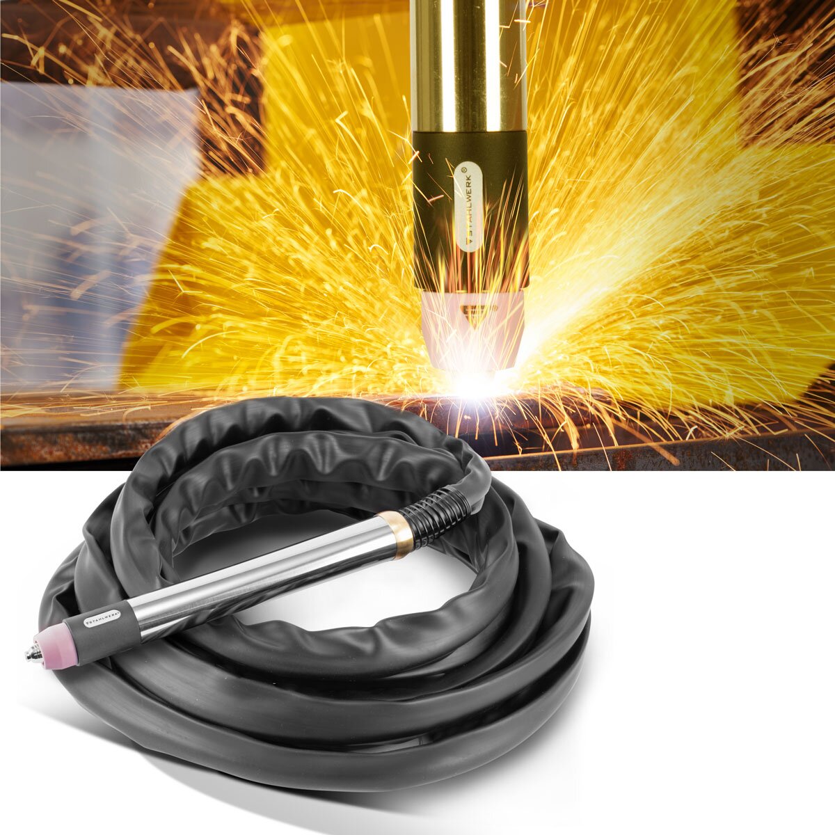 Graveur CNC STAHLWERK P60 | Torche à plasma | Torche coupante avec boîtier en acier inoxydable et tête en laiton de haute qualité pour découpeurs plasma avec allumage pilote, avec paquet de tuyaux de 5 m