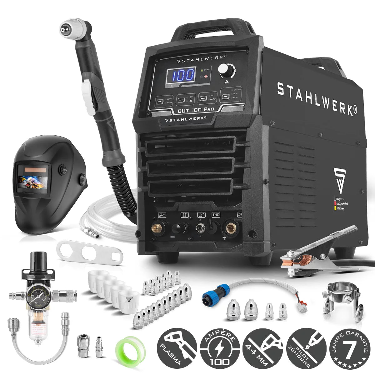 STAHLWERK Plasmaschneider CUT 100 Pro Vollausstattung | 100 A Inverter-Plasmaschneider | HF-Pilotzündung | Digitalanzeige | THC-Schnittstelle für CNC | Schneidleistung bis 44 mm | Plasma Cutter mit 2T/4T-Funktion