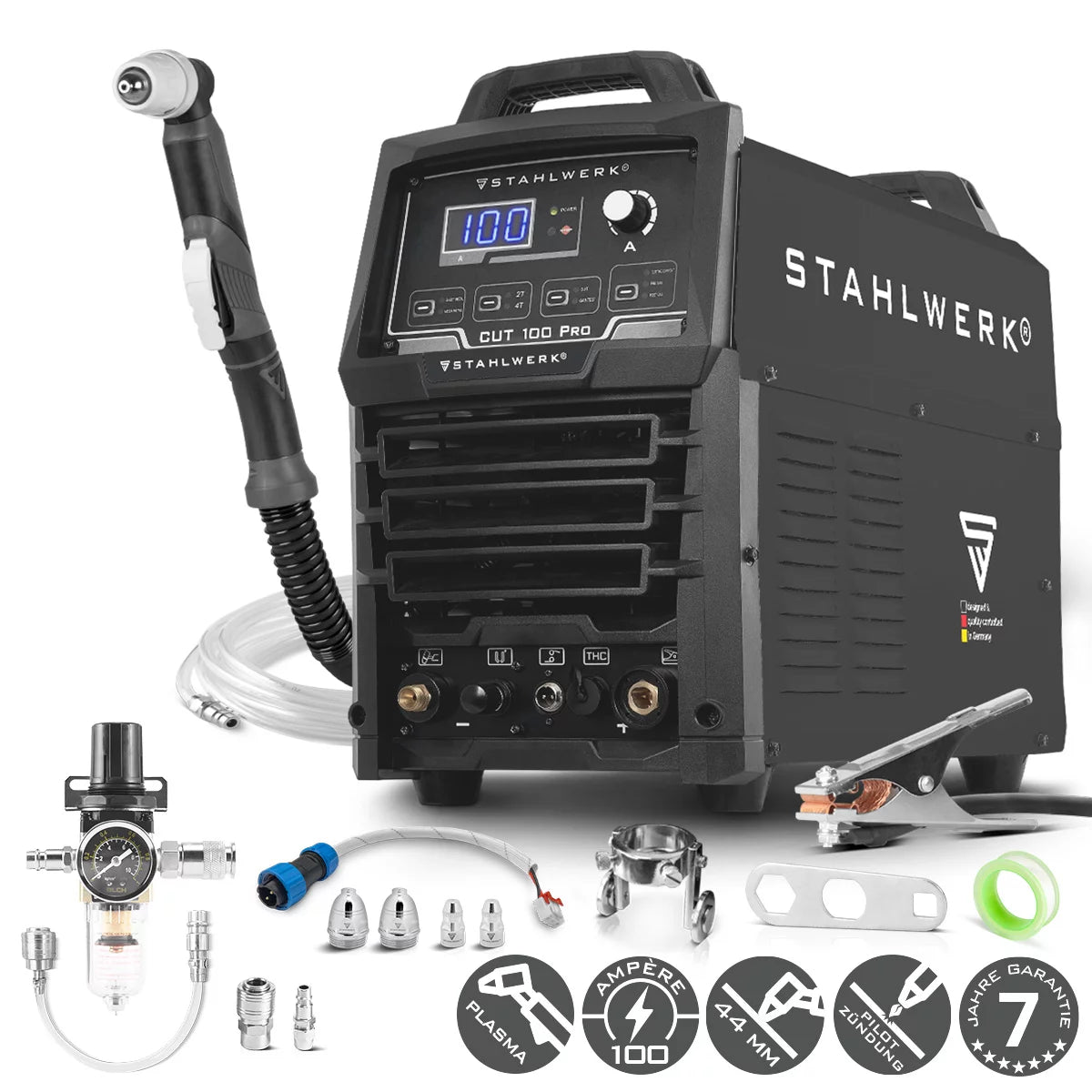 STAHLWERK Plasmaschneider CUT 100 Pro | 100 A Inverter-Plasmaschneider | HF-Pilotzündung | Digitalanzeige | THC-Schnittstelle für CNC | Schneidleistung bis 44 mm | Plasma Cutter mit 2T/4T-Funktion