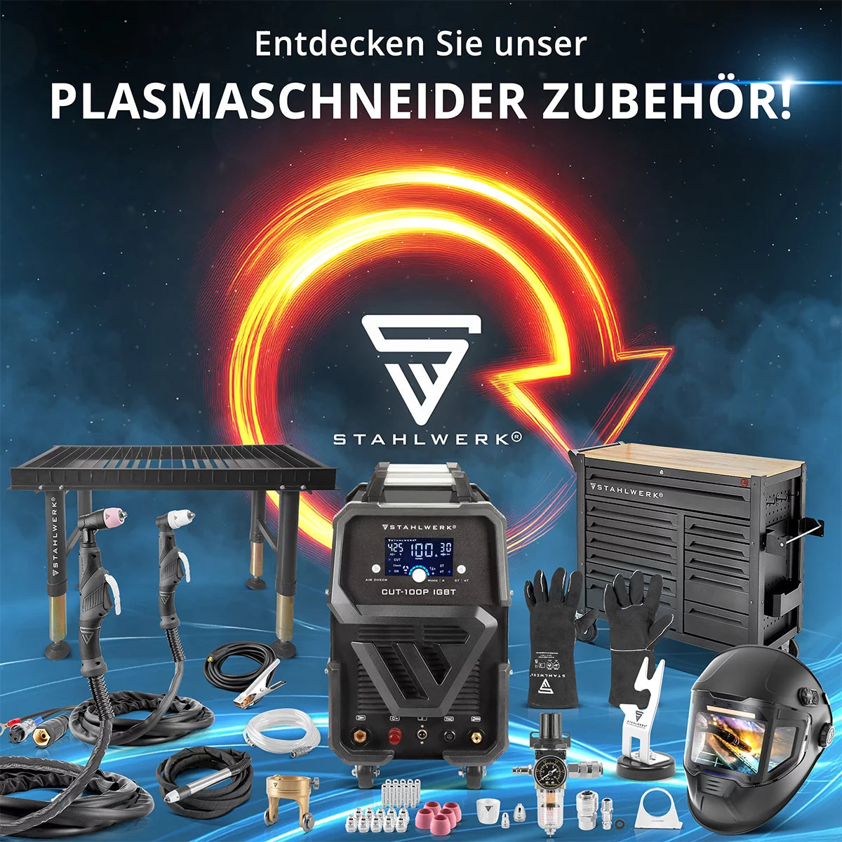 STAHLWERK Plasmaschneider CUT 100 Pro Vollausstattung | 100 A Inverter-Plasmaschneider | HF-Pilotzündung | Digitalanzeige | THC-Schnittstelle für CNC | Schneidleistung bis 44 mm | Plasma Cutter mit 2T/4T-Funktion