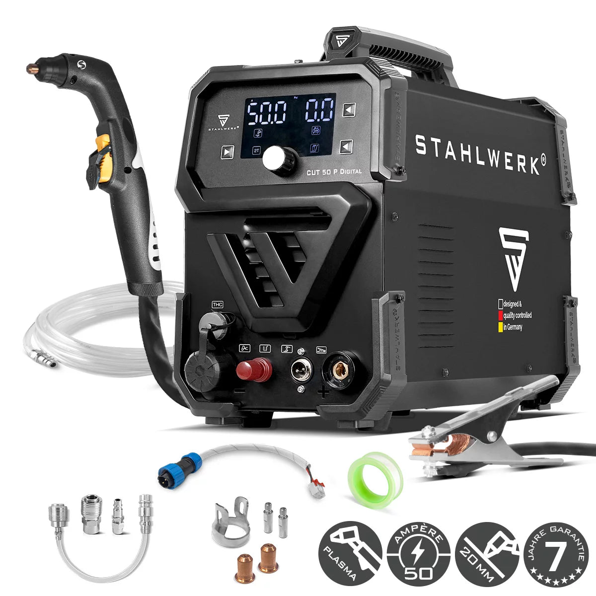 STAHLWERK Plasmaschneider CUT 50 P Digital | 50A Inverter-Plasmaschneider | Blowback-Zündung | Digitalanzeige | THC-Schnittstelle für CNC | Schneidleistung bis 20 mm | Plasma Cutter mit 2T/4T-Funktion