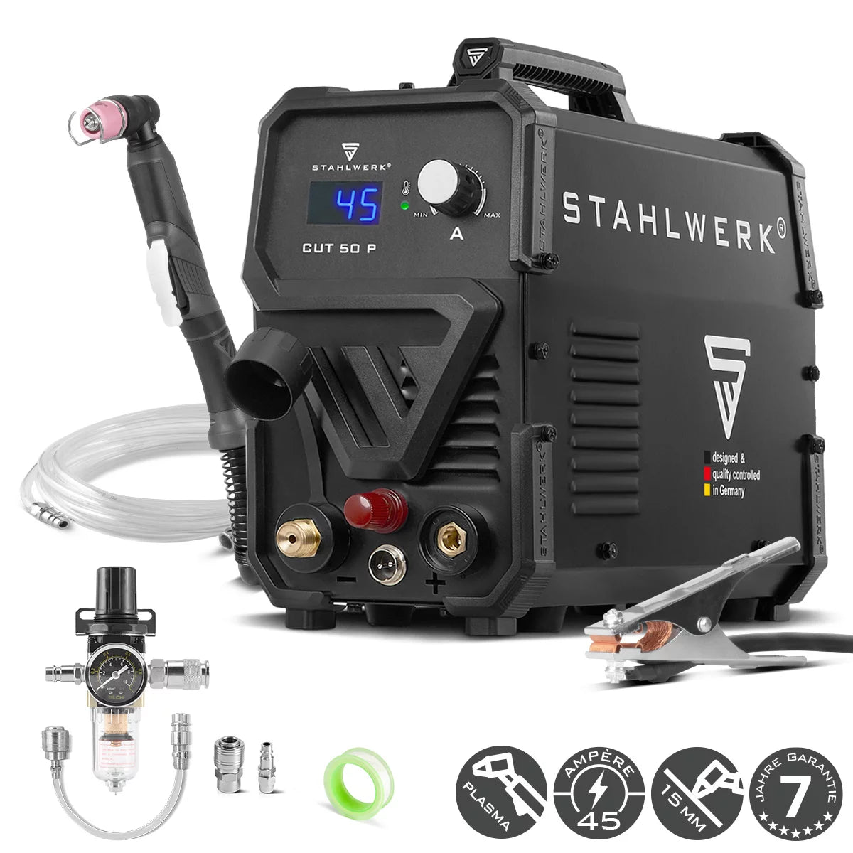 STAHLWERK Plasmaschneider CUT 50 P | 45 A Inverter-Plasmaschneider | HF-Pilotzündung | Digitalanzeige | Schneidleistung bis 15 mm | Smart-Kühlung