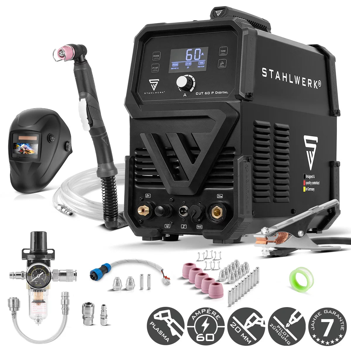 STAHLWERK Plasmaschneider CUT 60 P Digital Vollausstattung | 60 A Inverter-Plasmaschneider | HF-Pilotzündung | Digitalanzeige | THC-Schnittstelle für CNC | Schneidleistung bis 20 mm | Plasma Cutter mit 2T/4T-Funktion