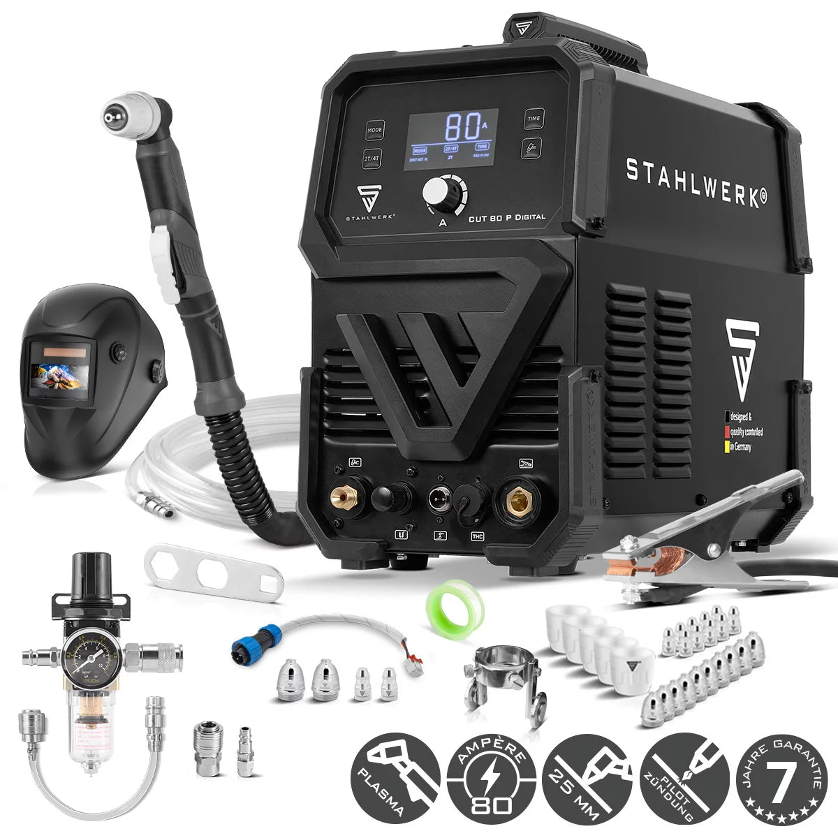 STAHLWERK Plasmaschneider CUT 80 P Digital Vollausstattung | 80 A Inverter-Plasmaschneider | HF-Pilotzündung | Digitalanzeige | THC-Schnittstelle für CNC | Schneidleistung bis 25 mm | Plasma Cutter mit 2T/4T-Funktion