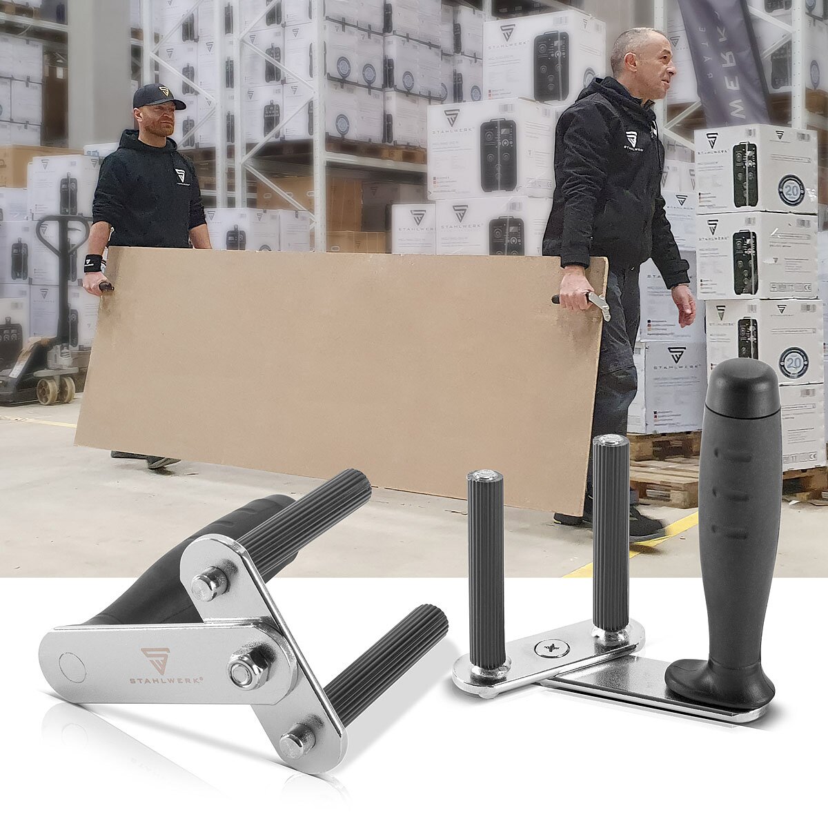 STAHLWERK Plattentragehilfe 2er Set, Edelstahl Plattengriff / Plattenträger / Plattenheber mit rutschfestem Tragegriff zum sicheren Transport von Trockenbauwänden und Platten
