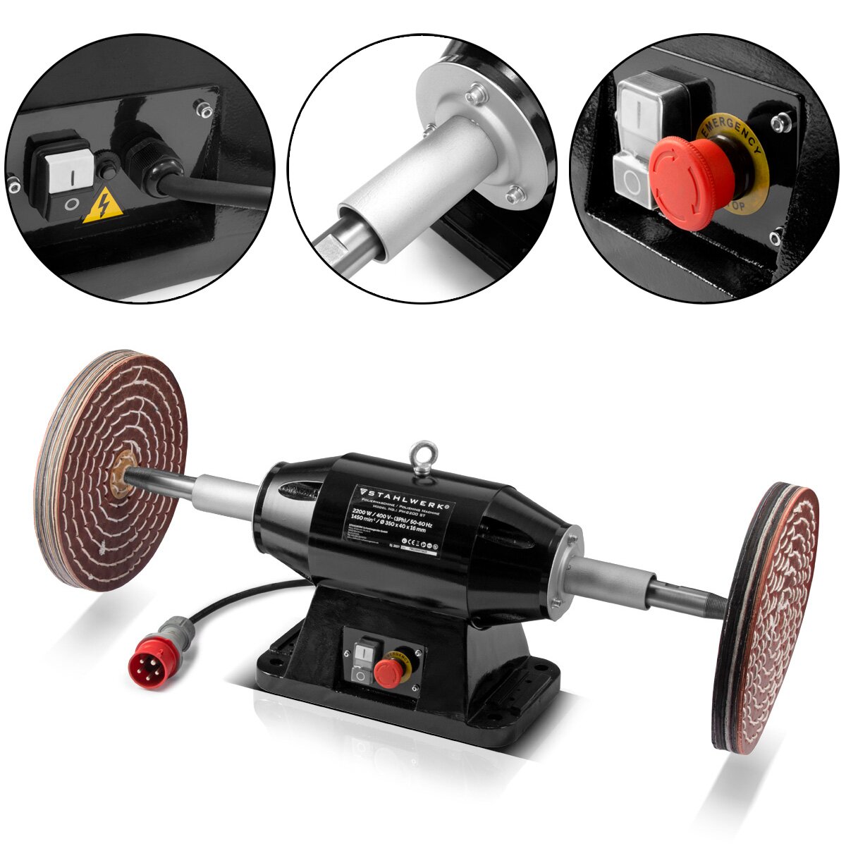 STAHLWERK PM-2200 ST workbench polishing machine in industrial quality with 2,200 watts and 1,450 revolutions per minute for metal components and workpieces