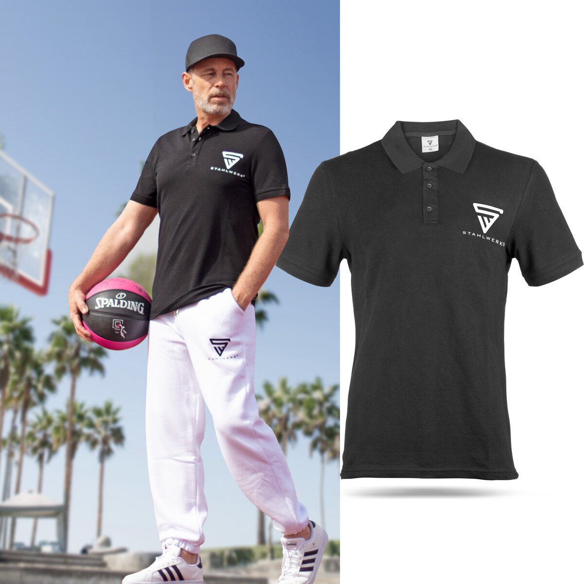 STAHLWERK Polo-Shirt Größe XL Schwarz Kurzarm Polo-Hemd mit Logo-Print aus 100% Baumwolle