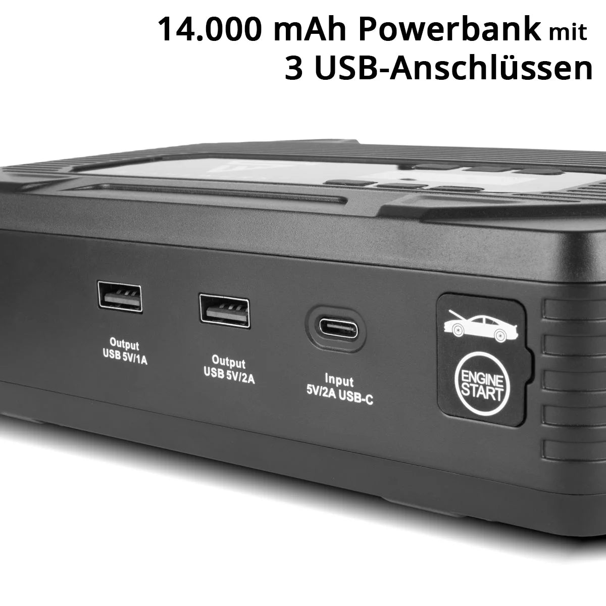STAHLWERK PB-1400 ST | Powerbank Starthilfe 400 A, 14.000 mAh | Für Benzin- und Dieselmotoren | Mobiler Kompressor mit 3,5 bar Arbeitsdruck und LED-Leuchte | USB-Ladegerät und Starthilfe in einem
