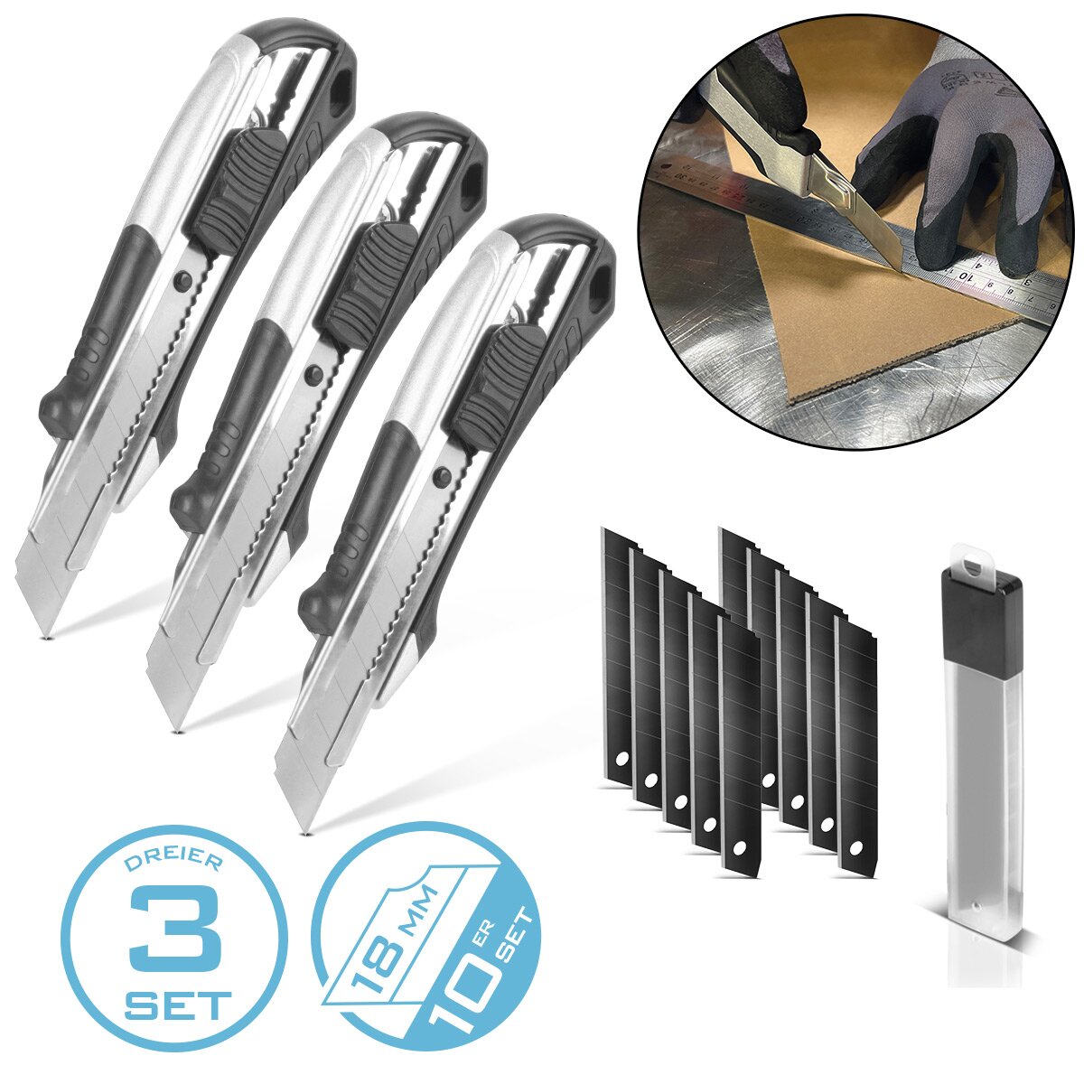 STAHLWERK premium cutter knife PCM-182 ST set of 3 with 18 mm snap-off blades professional cutter | Carpet knife | Safety knife | Parcel knife | Box cutter