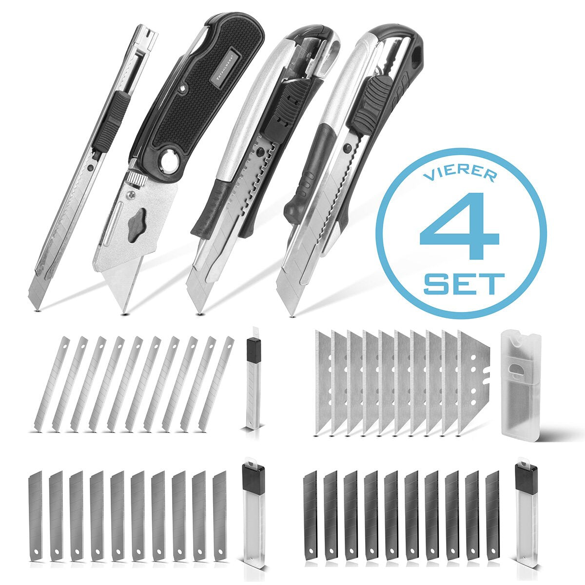 STAHLWERK Cutter Knife Set of 4 with Replacement Blades Professional Cutter | Carpet knife | Safety knife | Parcel knife | Box cutter