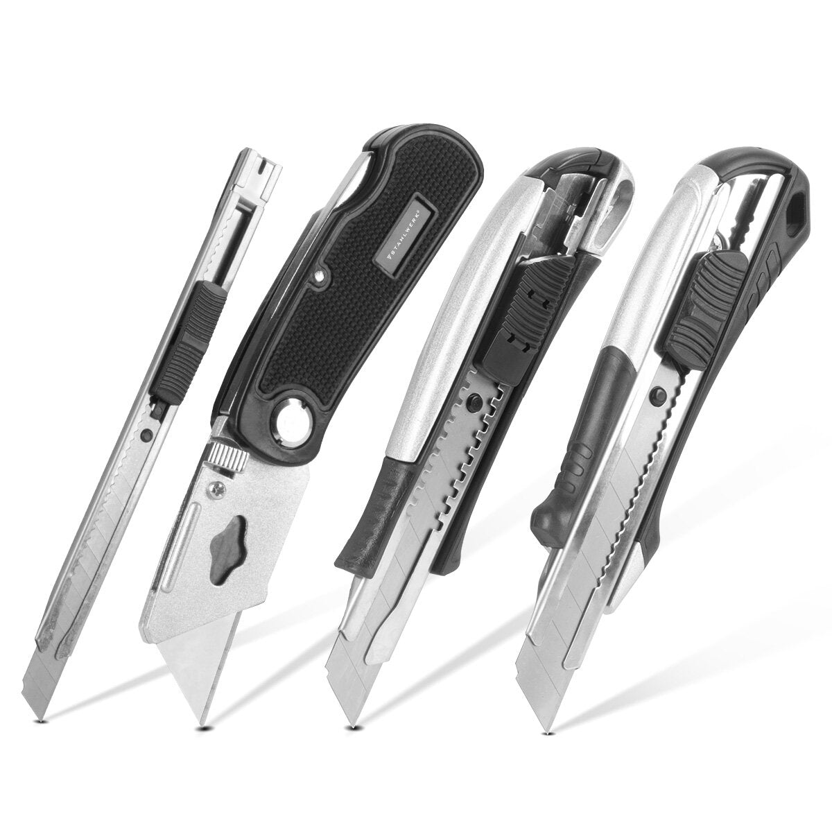 STAHLWERK Cutter Knife Set of 4 with Replacement Blades Professional Cutter | Carpet knife | Safety knife | Parcel knife | Box cutter
