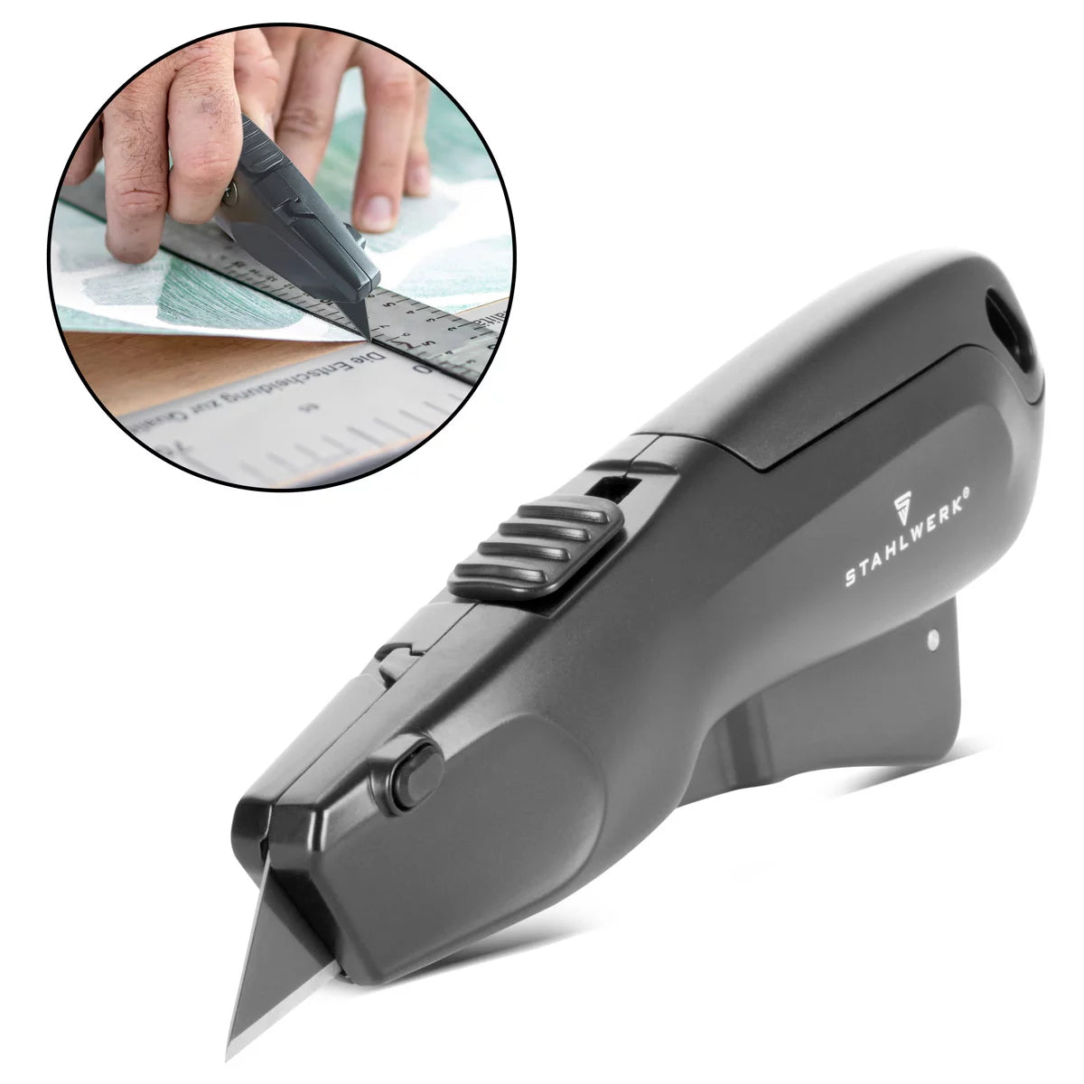 STAHLWERK cutter knife UCM-19 ST with quick-change blade, automatic blade retraction and safety locking professional cutter | Carpet knife | Safety knife | Parcel knife | Box cutter