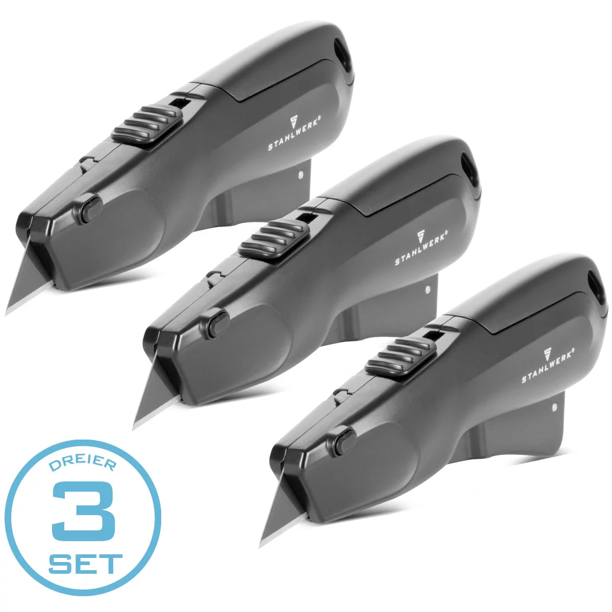 STAHLWERK cutter knife UCM-19 ST set of 3 with quick-change blade, automatic blade retraction and safety lock cutter | Carpet knife | Safety knife | Parcel knife | Box cutter