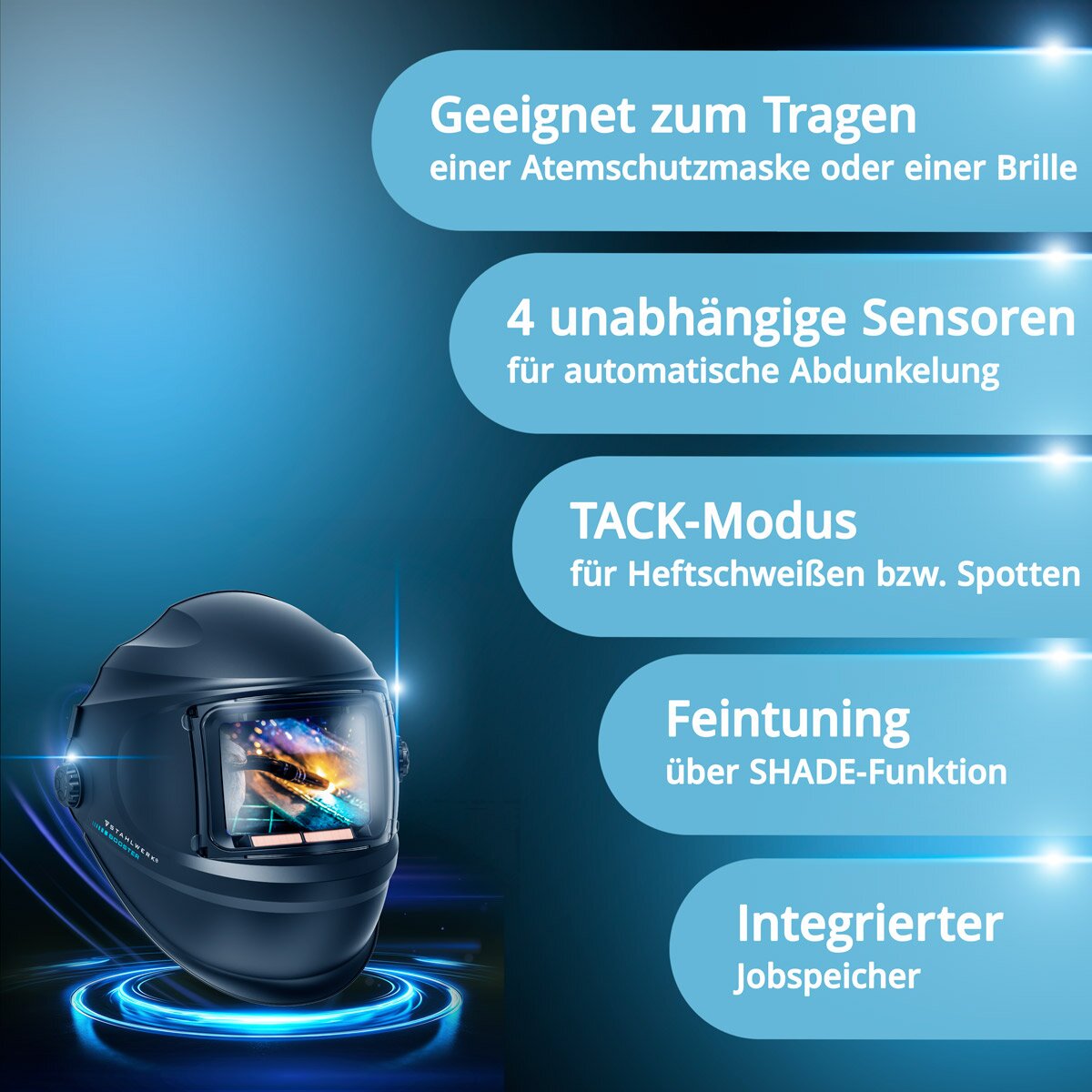 Casco per saldatura automatica STAHLWERK BOOSTER Casco per saldatura 3 in 1 | Maschera per saldatura con riproduzione fedele dei colori, memoria lavoro, oscuramento automatico da DIN 4 a DIN 13 e classe ottica 1/1/1/2