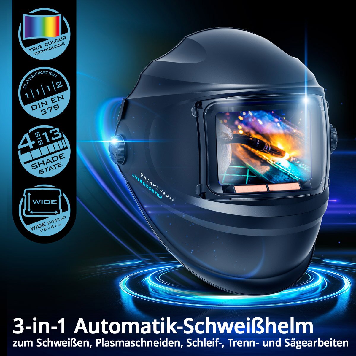 Casco per saldatura automatica STAHLWERK BOOSTER Casco per saldatura 3 in 1 | Maschera per saldatura con riproduzione fedele dei colori, memoria lavoro, oscuramento automatico da DIN 4 a DIN 13 e classe ottica 1/1/1/2