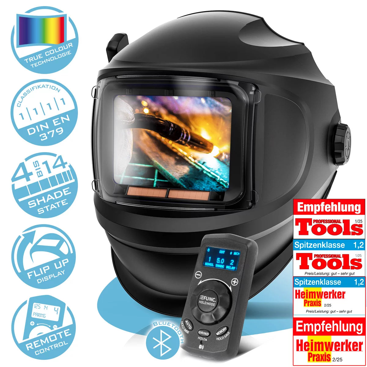 STAHLWERK Automatik-Schweißhelm MASTER 3-in-1 mit Fernbedienung, klappbarem Visier, True-Colour-Echtfarbwiedergabe, Jobspeicher, automatischer Abdunkelung DIN 4 bis DIN 14 und Optischer Klasse 1/1/1/1