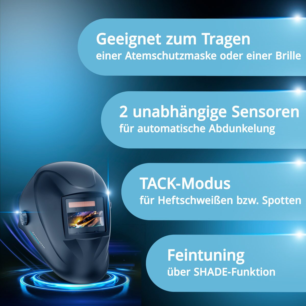 STAHLWERK automatic welding helmet WORKER 3-in-1 welding helmet | Welding shield | Welding mask with true color reproduction, automatic darkening DIN 4 to DIN 13 and optical class 1/1/1/2