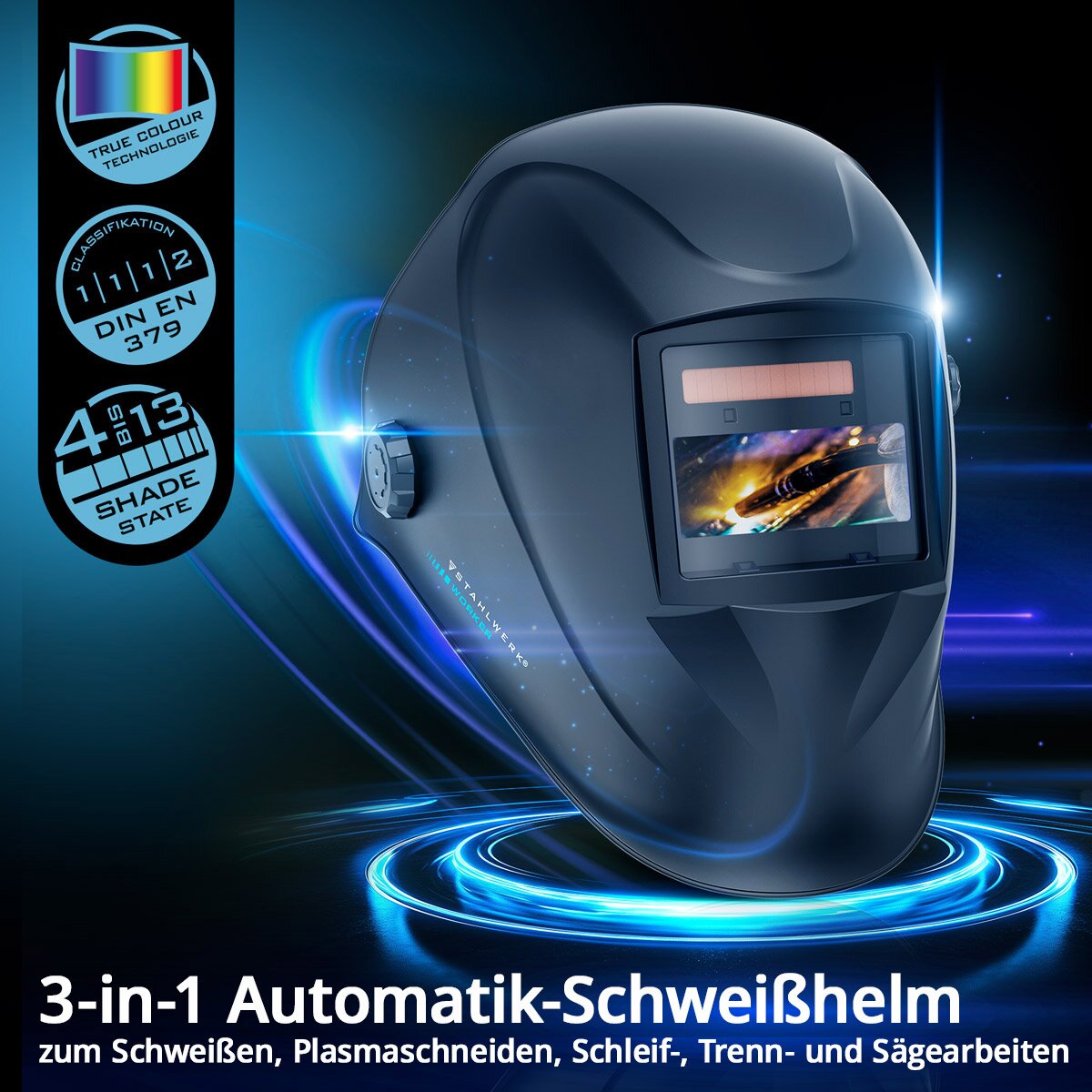 STAHLWERK automatic welding helmet WORKER 3-in-1 welding helmet | Welding shield | Welding mask with true color reproduction, automatic darkening DIN 4 to DIN 13 and optical class 1/1/1/2