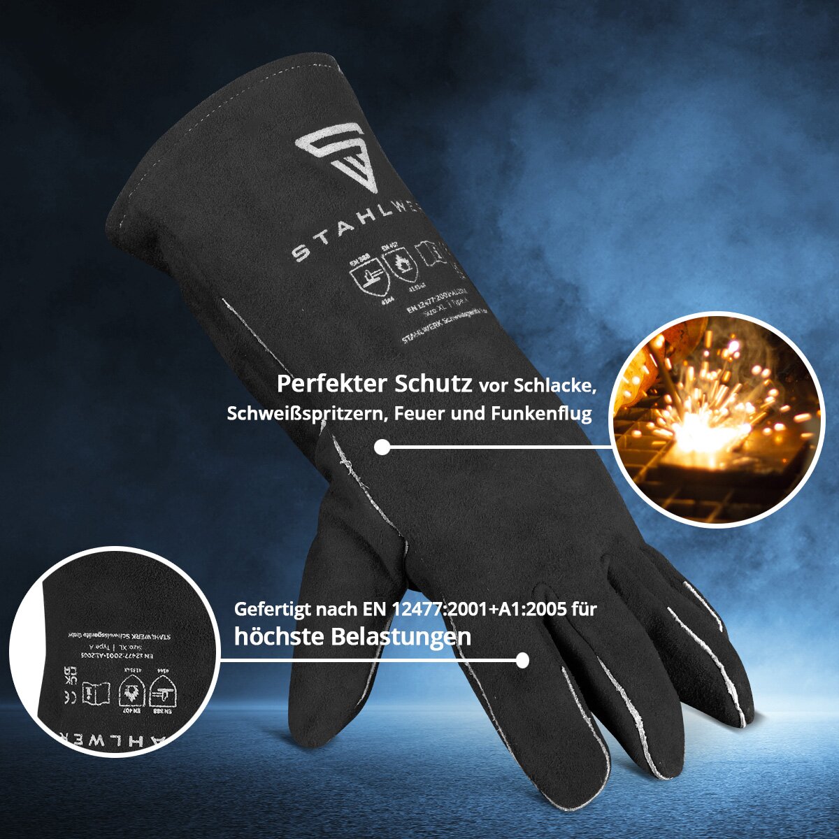 STAHLWERK Schweißerschutzhandschuhe extra robuste Hitzeschutzhandschuhe | Arbeitshandschuhe | Schweißerhandschuhe | Hitzebeständige Handschuhe aus hochwertigem Spaltleder zum Schweißen und Plasmaschneiden