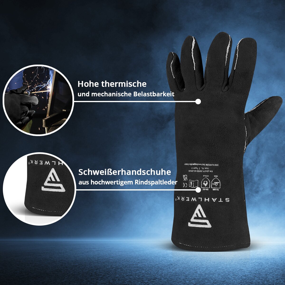 STAHLWERK Schweißerschutzhandschuhe extra robuste Hitzeschutzhandschuhe | Arbeitshandschuhe | Schweißerhandschuhe | Hitzebeständige Handschuhe aus hochwertigem Spaltleder zum Schweißen und Plasmaschneiden