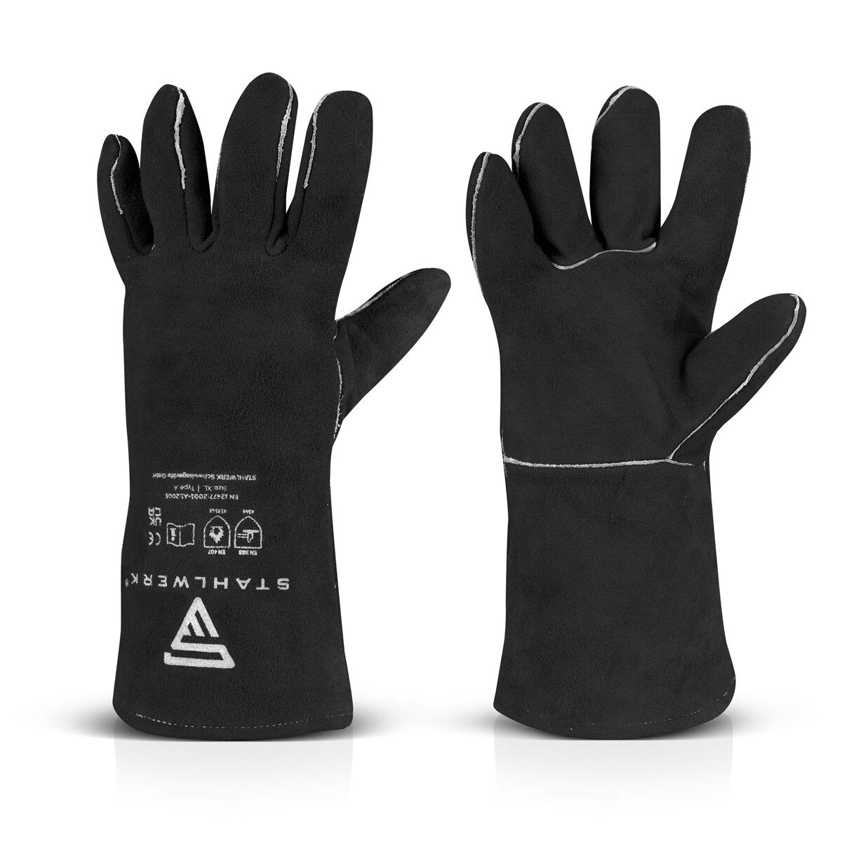 STAHLWERK Schweißerschutzhandschuhe extra robuste Hitzeschutzhandschuhe | Arbeitshandschuhe | Schweißerhandschuhe | Hitzebeständige Handschuhe aus hochwertigem Spaltleder zum Schweißen und Plasmaschneiden