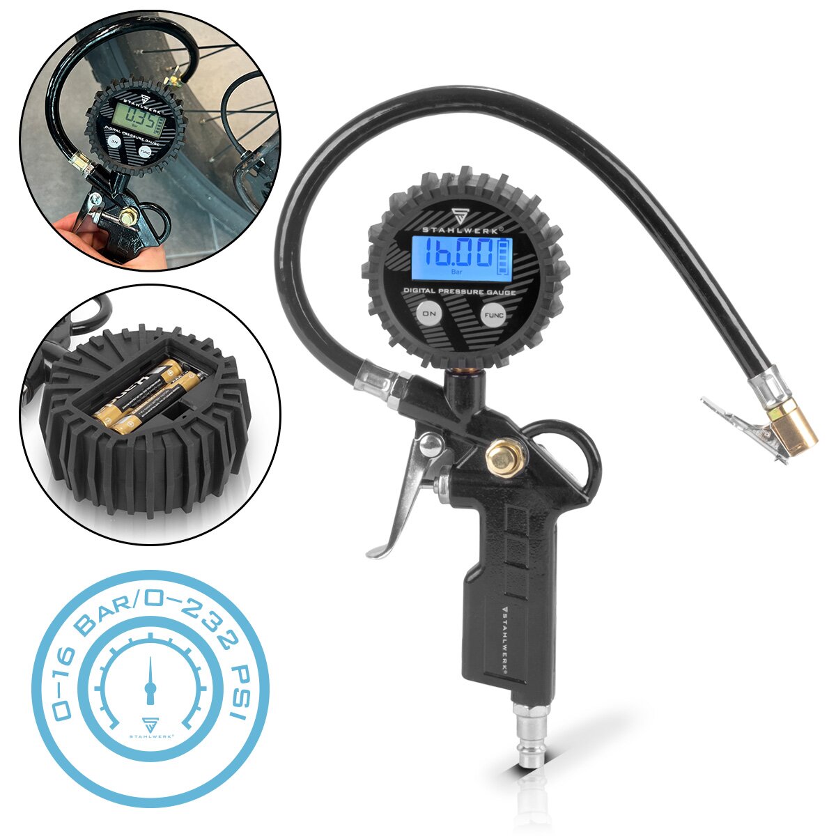 STAHLWERK Digitale Druckluft-Reifenfüllpistole DRD-16 ST | Druckluft Reifenfüller mit digitalem Manometer | Reifendruckprüfer für PKW, LKW, Motorrad, Fahrrad | Messbereich 0-16 Bar / 0-232 PSI