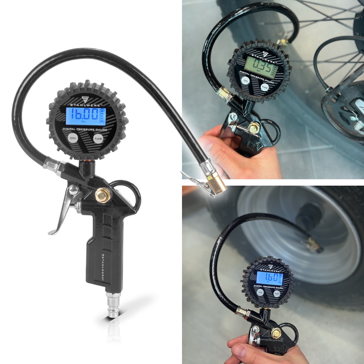 Pistola de inflado de neumáticos de aire comprimido digital STAHLWERK DRD-16 ST | Inflador de neumáticos de aire comprimido con manómetro digital | Manómetro de neumáticos para coches, camiones, motos, bicicletas | Rango de medición 0-16 bar / 0-232 PSI